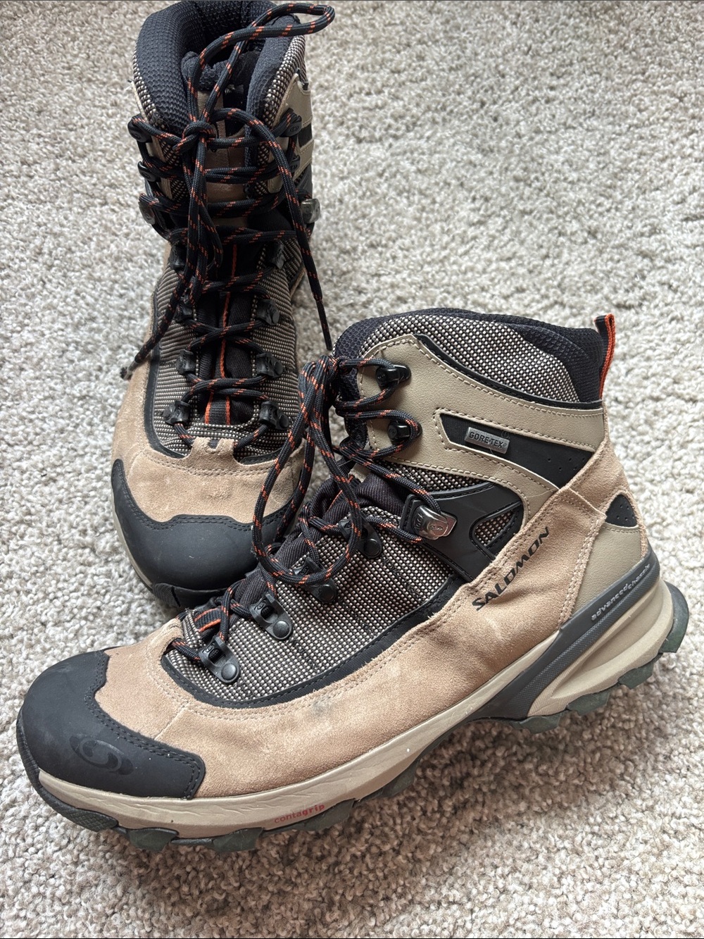 Salomon Tan and Black Men's Hiking Boots with Orange Accents